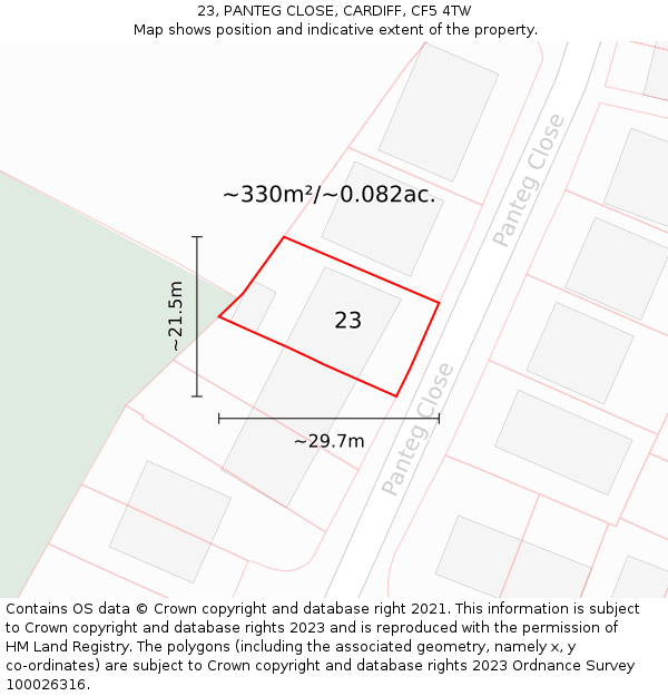 23, PANTEG CLOSE, CARDIFF, CF5 4TW: Plot and title map