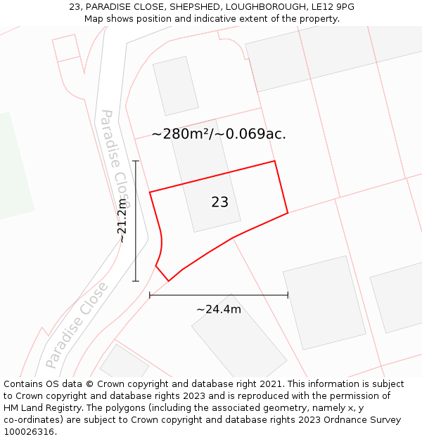 23, PARADISE CLOSE, SHEPSHED, LOUGHBOROUGH, LE12 9PG: Plot and title map