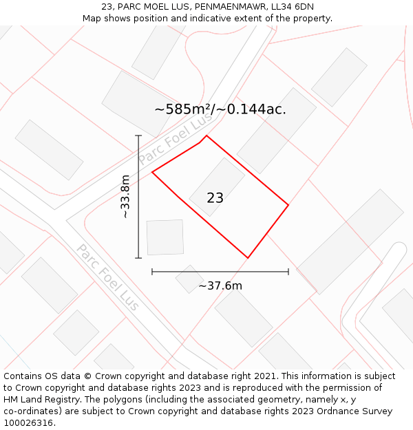 23, PARC MOEL LUS, PENMAENMAWR, LL34 6DN: Plot and title map