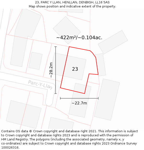 23, PARC Y LLAN, HENLLAN, DENBIGH, LL16 5AS: Plot and title map