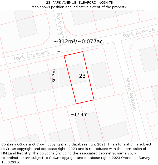 23, PARK AVENUE, SLEAFORD, NG34 7JJ: Plot and title map