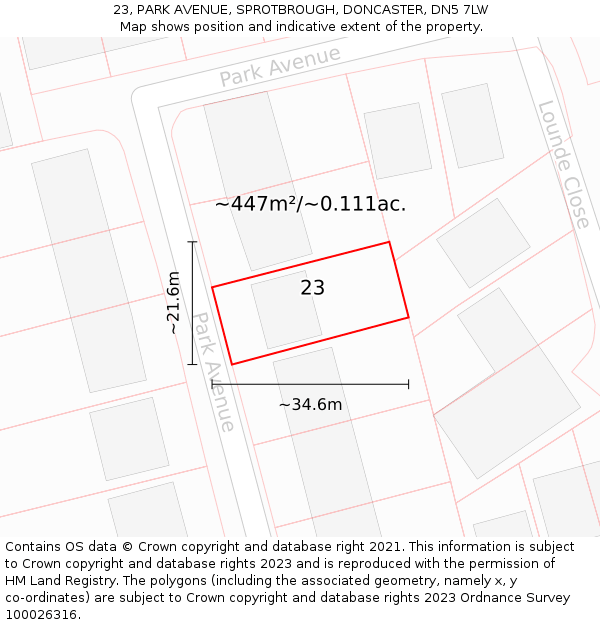 23, PARK AVENUE, SPROTBROUGH, DONCASTER, DN5 7LW: Plot and title map