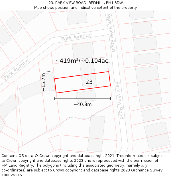 23, PARK VIEW ROAD, REDHILL, RH1 5DW: Plot and title map