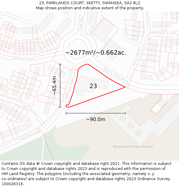 23, PARKLANDS COURT, SKETTY, SWANSEA, SA2 8LZ: Plot and title map