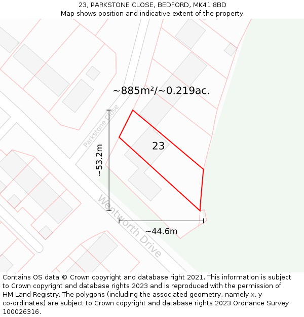 23, PARKSTONE CLOSE, BEDFORD, MK41 8BD: Plot and title map