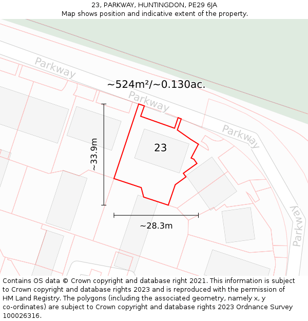 23, PARKWAY, HUNTINGDON, PE29 6JA: Plot and title map