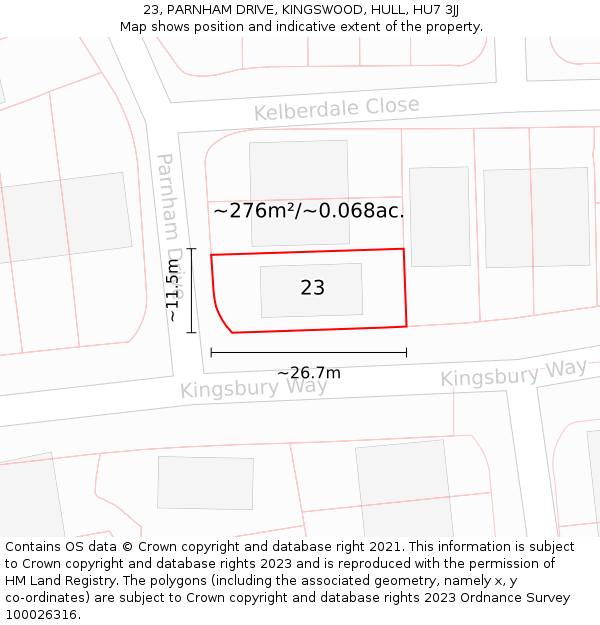 23, PARNHAM DRIVE, KINGSWOOD, HULL, HU7 3JJ: Plot and title map