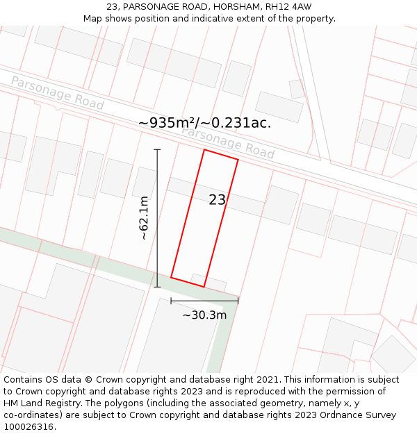 23, PARSONAGE ROAD, HORSHAM, RH12 4AW: Plot and title map