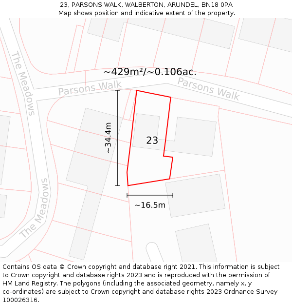 23, PARSONS WALK, WALBERTON, ARUNDEL, BN18 0PA: Plot and title map