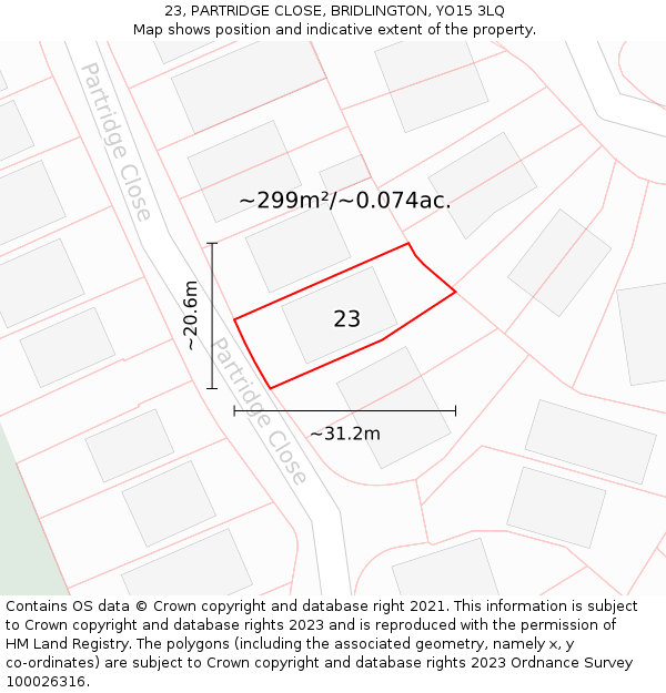 23, PARTRIDGE CLOSE, BRIDLINGTON, YO15 3LQ: Plot and title map