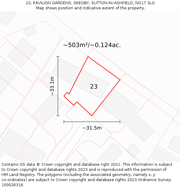 23, PAVILION GARDENS, SKEGBY, SUTTON-IN-ASHFIELD, NG17 3LG: Plot and title map