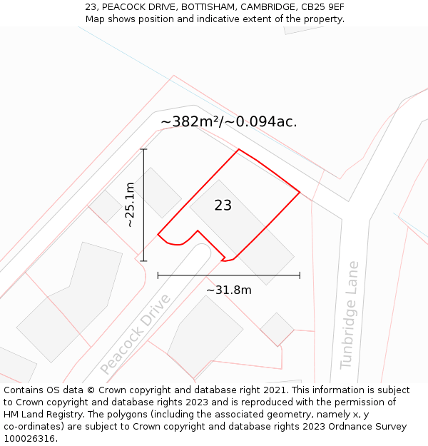 23, PEACOCK DRIVE, BOTTISHAM, CAMBRIDGE, CB25 9EF: Plot and title map