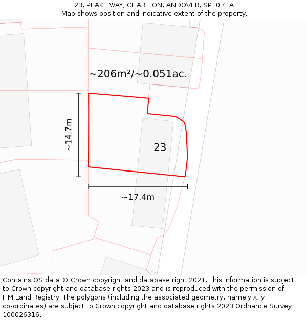 23, PEAKE WAY, CHARLTON, ANDOVER, SP10 4FA: Plot and title map