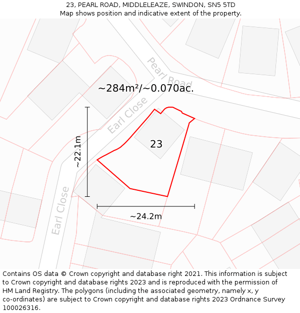 23, PEARL ROAD, MIDDLELEAZE, SWINDON, SN5 5TD: Plot and title map