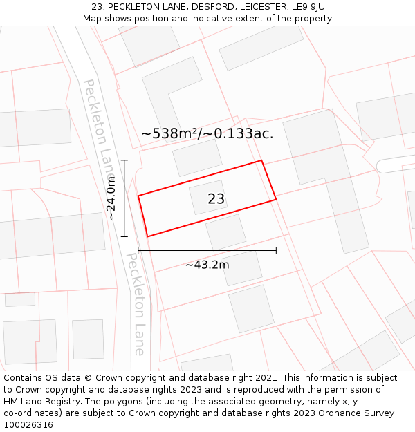 23, PECKLETON LANE, DESFORD, LEICESTER, LE9 9JU: Plot and title map