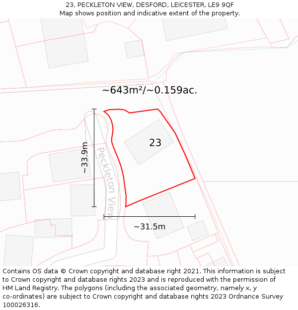 23, PECKLETON VIEW, DESFORD, LEICESTER, LE9 9QF: Plot and title map