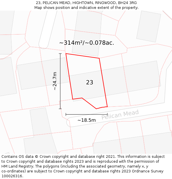 23, PELICAN MEAD, HIGHTOWN, RINGWOOD, BH24 3RG: Plot and title map