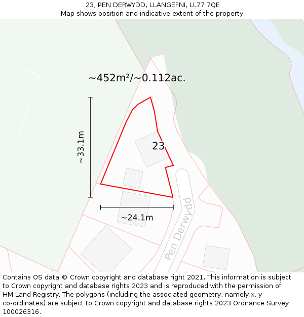 23, PEN DERWYDD, LLANGEFNI, LL77 7QE: Plot and title map