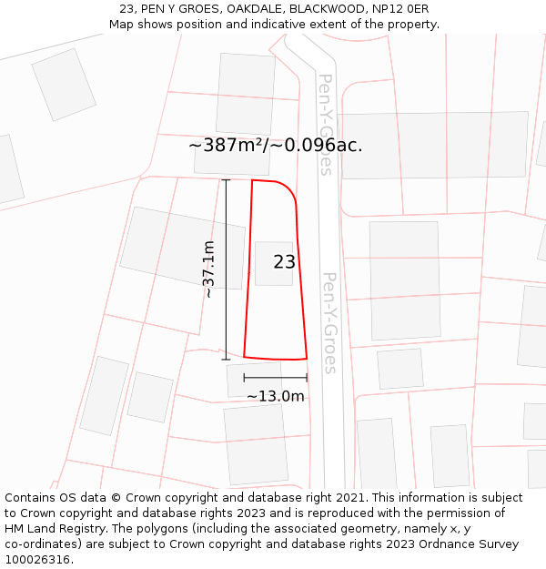 23, PEN Y GROES, OAKDALE, BLACKWOOD, NP12 0ER: Plot and title map