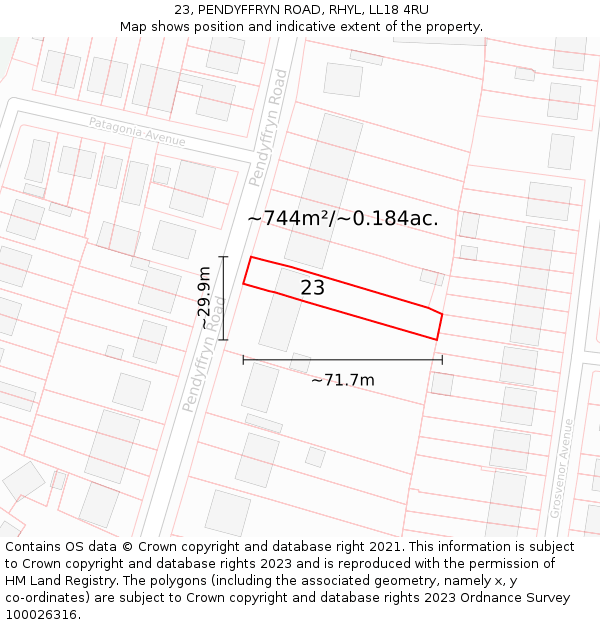 23, PENDYFFRYN ROAD, RHYL, LL18 4RU: Plot and title map