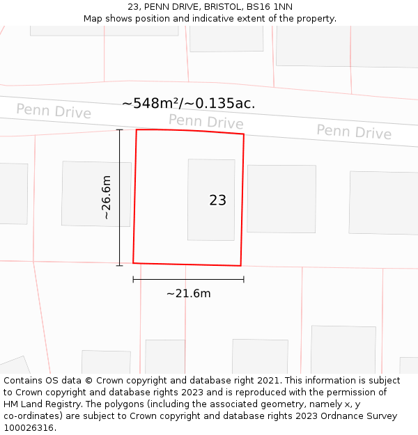 23, PENN DRIVE, BRISTOL, BS16 1NN: Plot and title map