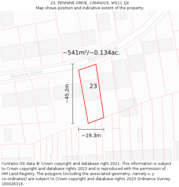 23, PENNINE DRIVE, CANNOCK, WS11 1JX: Plot and title map