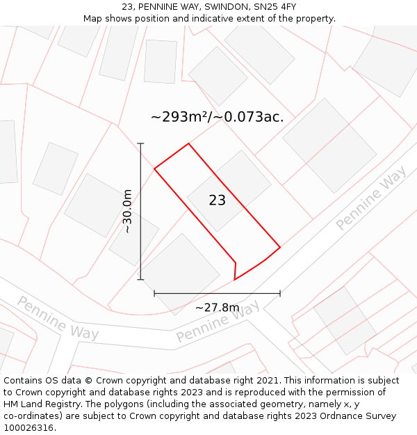 23, PENNINE WAY, SWINDON, SN25 4FY: Plot and title map