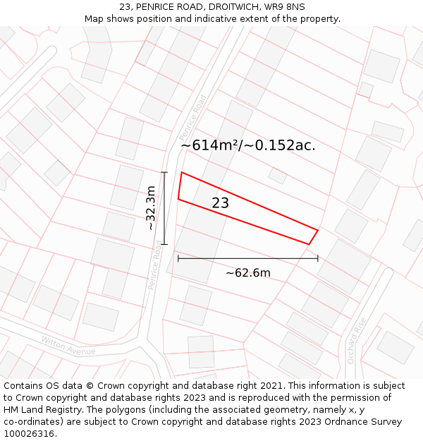 23, PENRICE ROAD, DROITWICH, WR9 8NS: Plot and title map