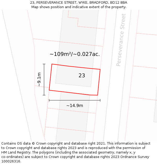 23, PERSEVERANCE STREET, WYKE, BRADFORD, BD12 8BA: Plot and title map