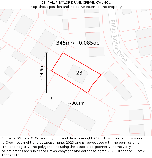 23, PHILIP TAYLOR DRIVE, CREWE, CW1 4GU: Plot and title map