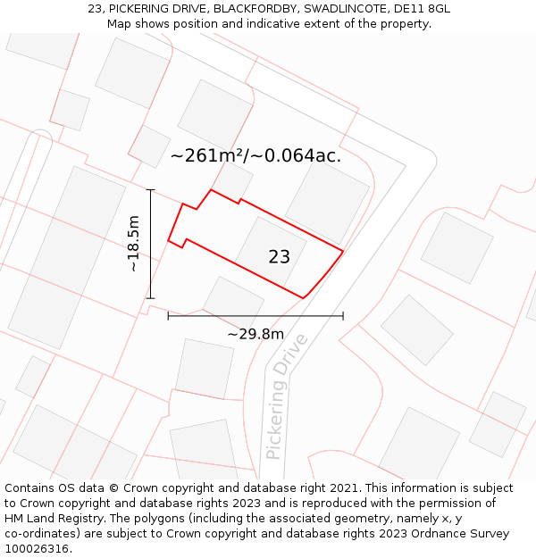 23, PICKERING DRIVE, BLACKFORDBY, SWADLINCOTE, DE11 8GL: Plot and title map