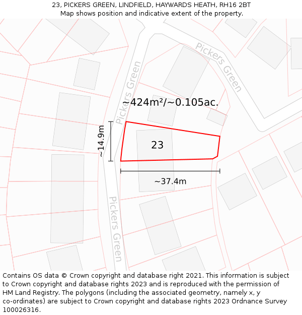 23, PICKERS GREEN, LINDFIELD, HAYWARDS HEATH, RH16 2BT: Plot and title map