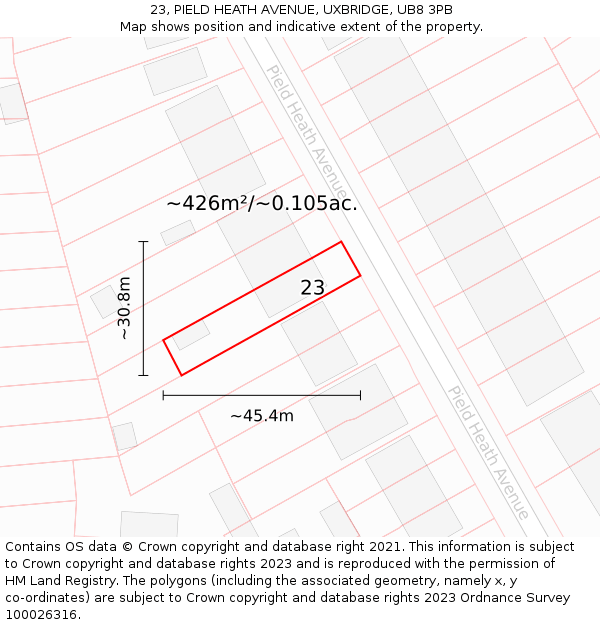 23, PIELD HEATH AVENUE, UXBRIDGE, UB8 3PB: Plot and title map