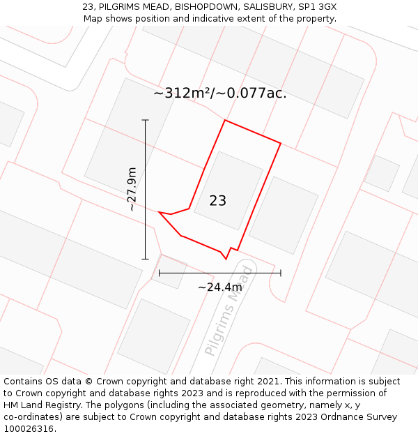 23, PILGRIMS MEAD, BISHOPDOWN, SALISBURY, SP1 3GX: Plot and title map