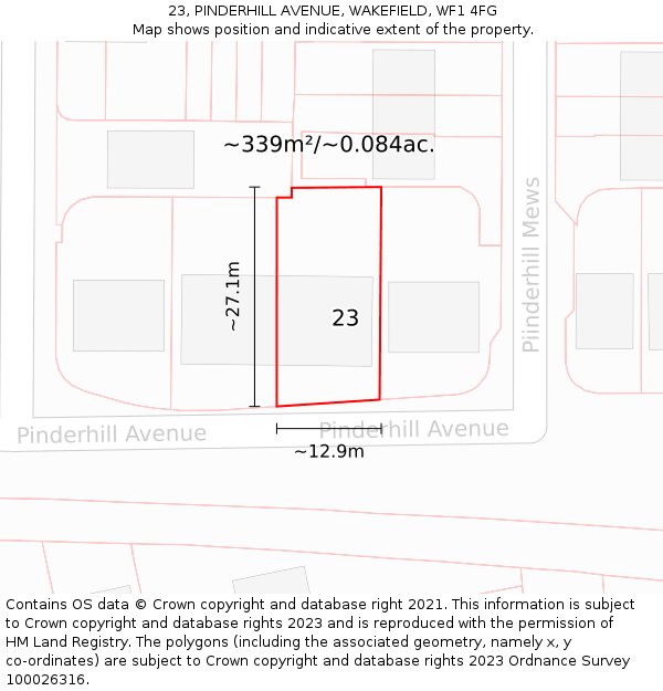 23, PINDERHILL AVENUE, WAKEFIELD, WF1 4FG: Plot and title map