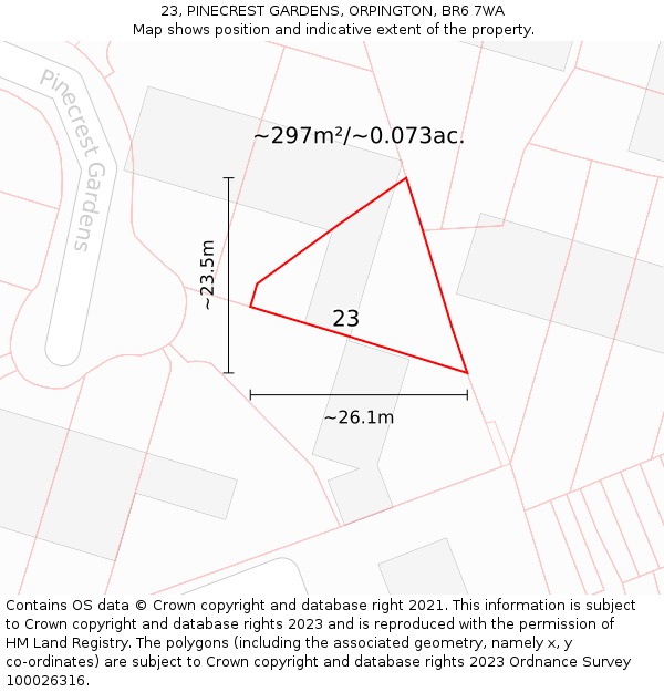 23, PINECREST GARDENS, ORPINGTON, BR6 7WA: Plot and title map