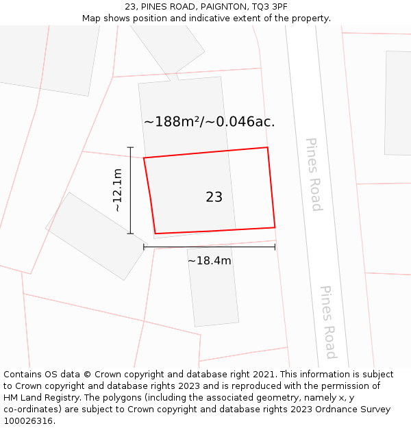 23, PINES ROAD, PAIGNTON, TQ3 3PF: Plot and title map