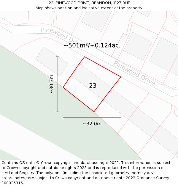 23, PINEWOOD DRIVE, BRANDON, IP27 0HF: Plot and title map