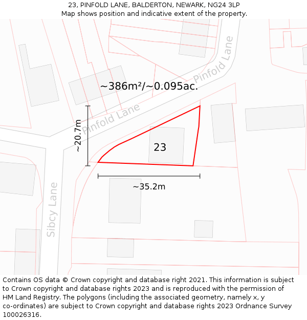 23, PINFOLD LANE, BALDERTON, NEWARK, NG24 3LP: Plot and title map