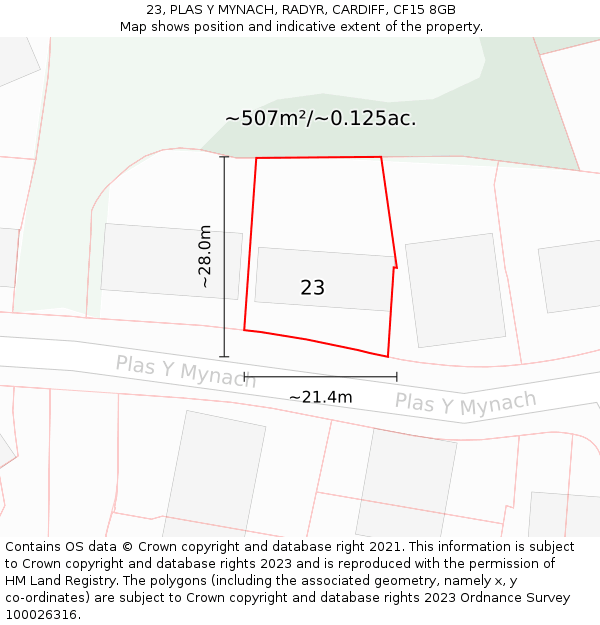 23, PLAS Y MYNACH, RADYR, CARDIFF, CF15 8GB: Plot and title map