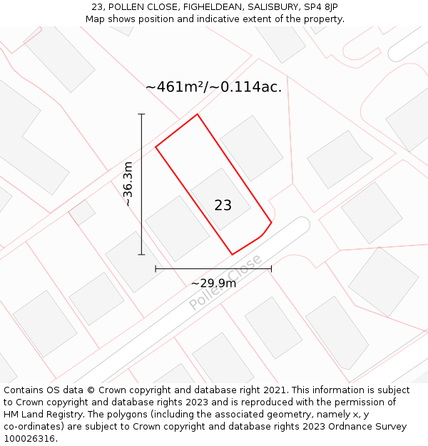 23, POLLEN CLOSE, FIGHELDEAN, SALISBURY, SP4 8JP: Plot and title map