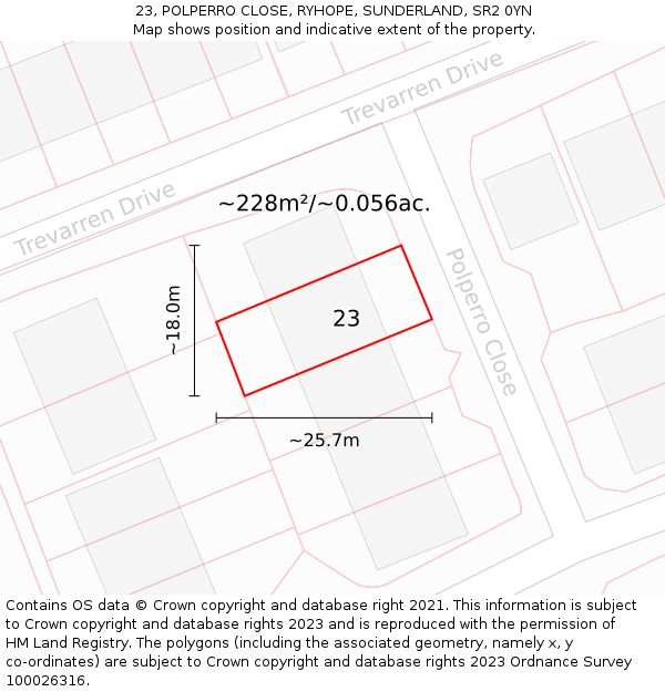 23, POLPERRO CLOSE, RYHOPE, SUNDERLAND, SR2 0YN: Plot and title map