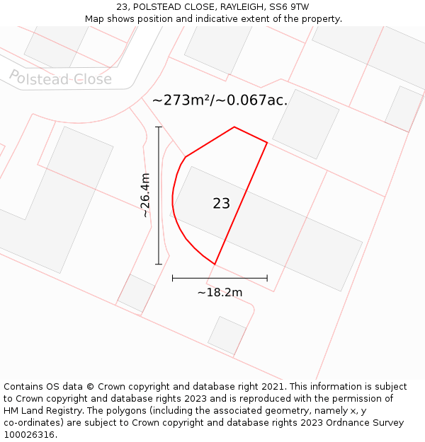 23, POLSTEAD CLOSE, RAYLEIGH, SS6 9TW: Plot and title map