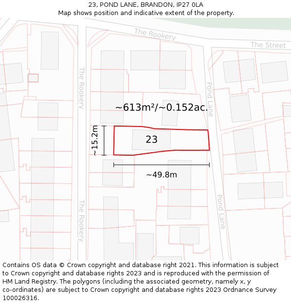 23, POND LANE, BRANDON, IP27 0LA: Plot and title map