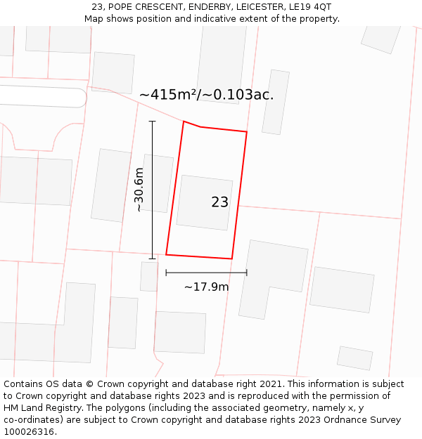 23, POPE CRESCENT, ENDERBY, LEICESTER, LE19 4QT: Plot and title map