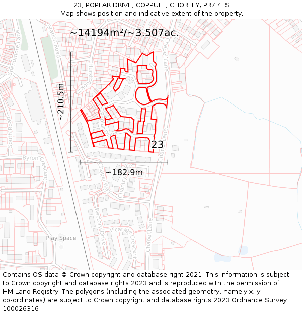 23, POPLAR DRIVE, COPPULL, CHORLEY, PR7 4LS: Plot and title map