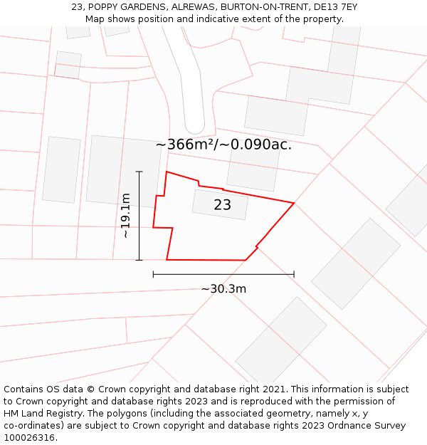 23, POPPY GARDENS, ALREWAS, BURTON-ON-TRENT, DE13 7EY: Plot and title map