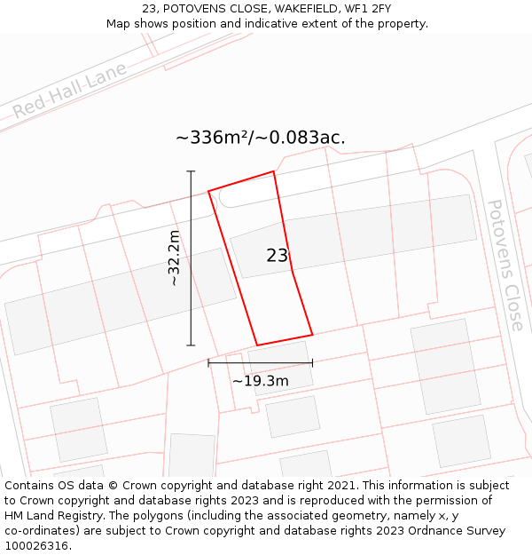 23, POTOVENS CLOSE, WAKEFIELD, WF1 2FY: Plot and title map