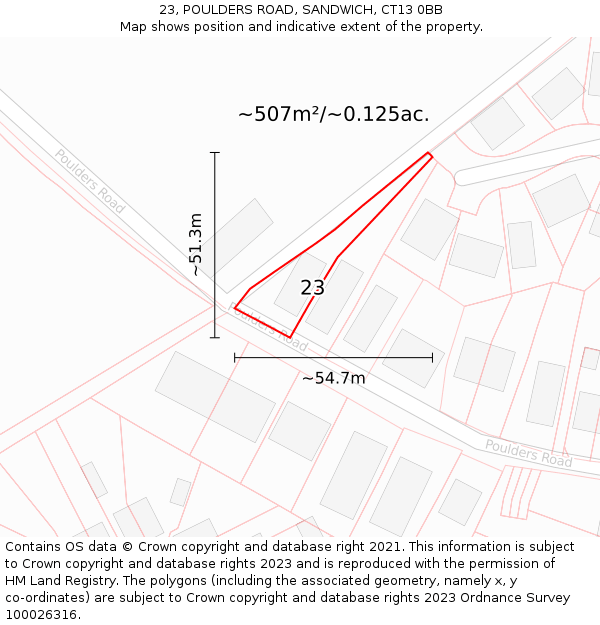 23, POULDERS ROAD, SANDWICH, CT13 0BB: Plot and title map