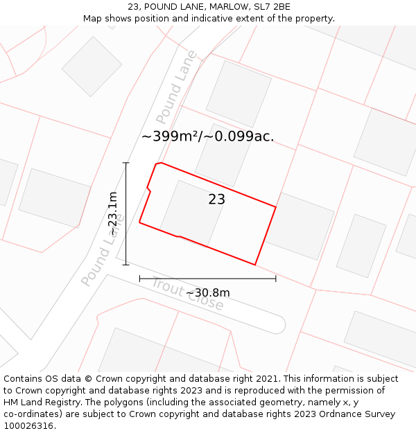 23, POUND LANE, MARLOW, SL7 2BE: Plot and title map